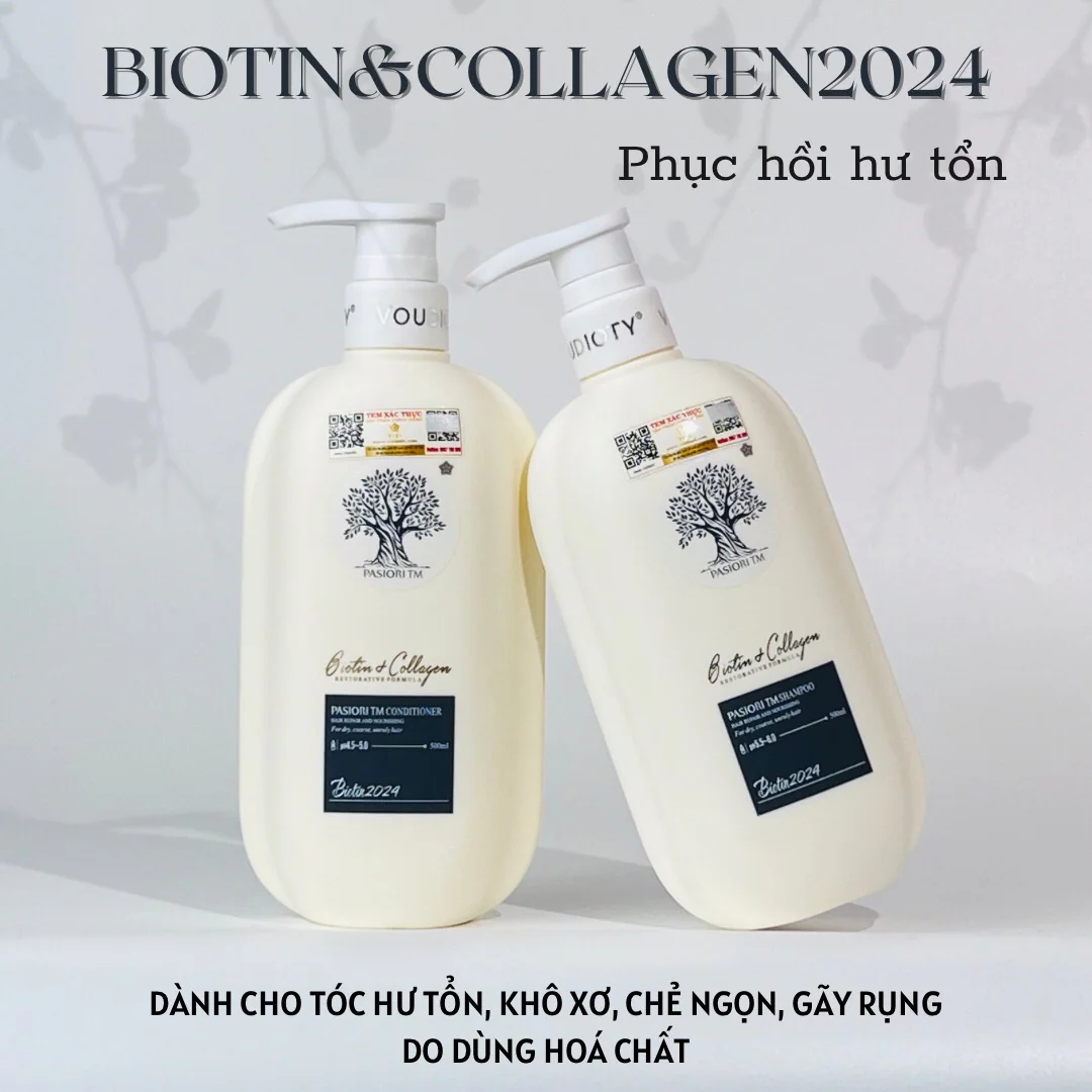 Comboo Dầu Gội Xả Biotin & Collagen Voudioty - Phục Hồi Trắng 1000ml (mẫu 2024)
