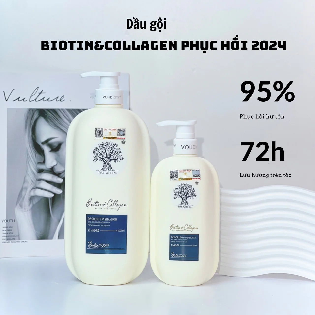 Comboo Dầu Gội Xả Biotin & Collagen Voudioty - Phục Hồi Trắng 500ml (mẫu 2024)