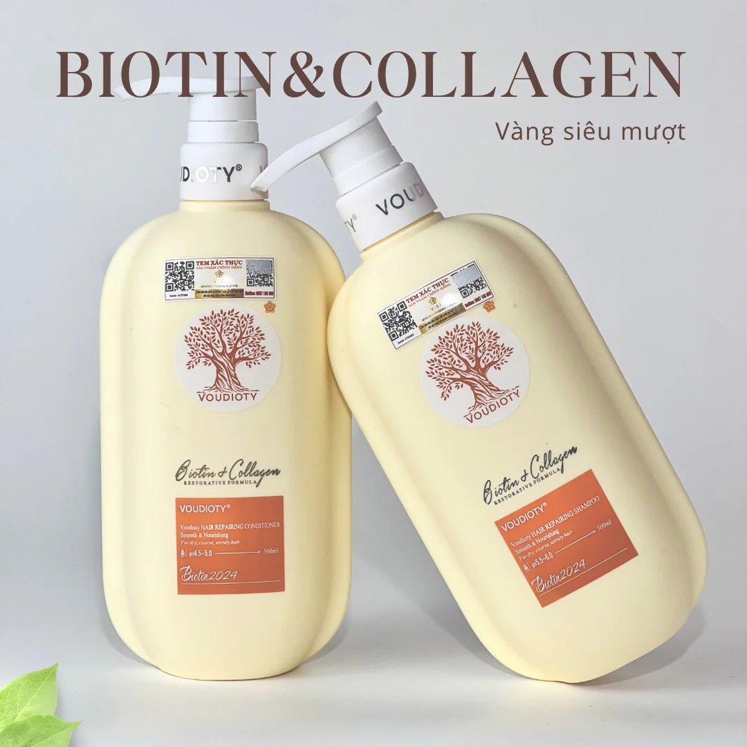 Comboo Dầu Gội Xả Biotin & Collagen Voudioty -Siêu Mượt Vàng 1000ml (mẫu 2024)