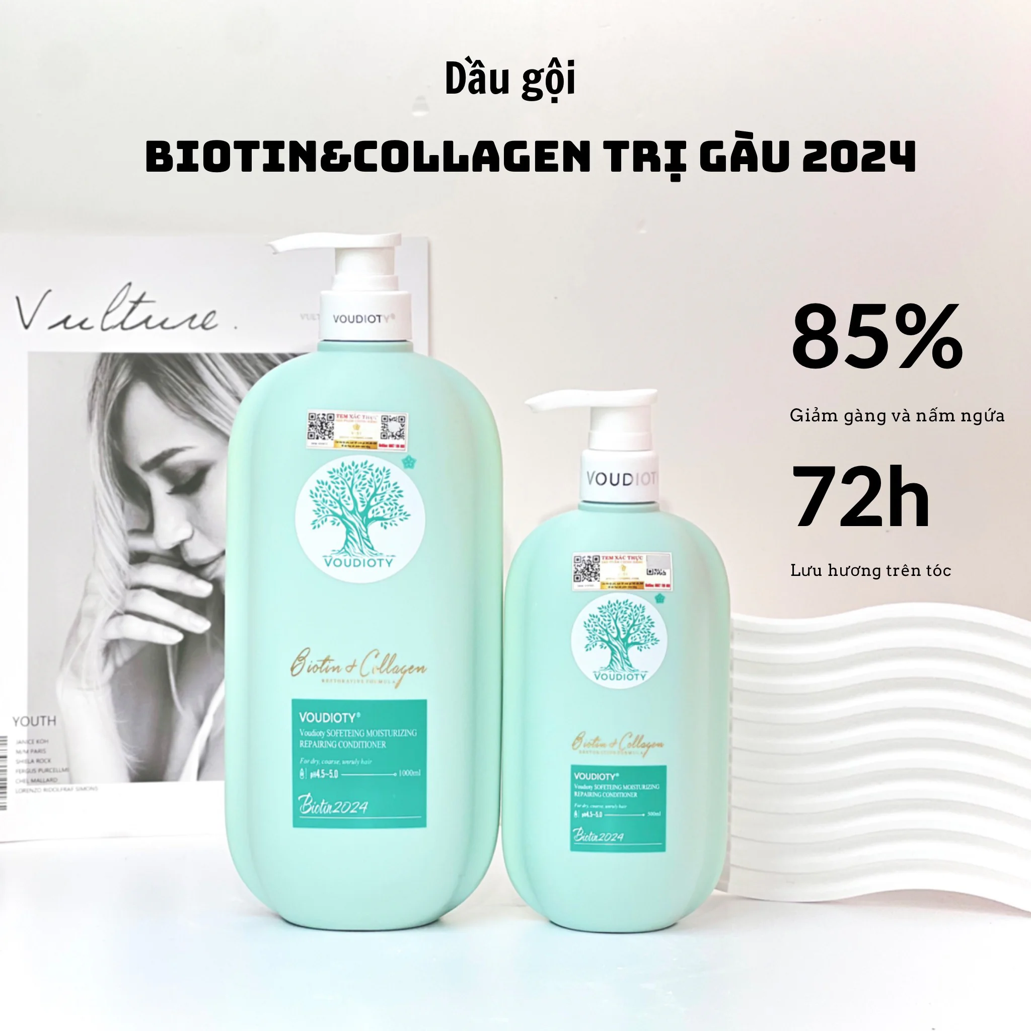 Comboo Dầu Gội Xả Biotin & Collagen Voudioty - Trị Gàu Xanh Dương 500ml (mẫu 2024)