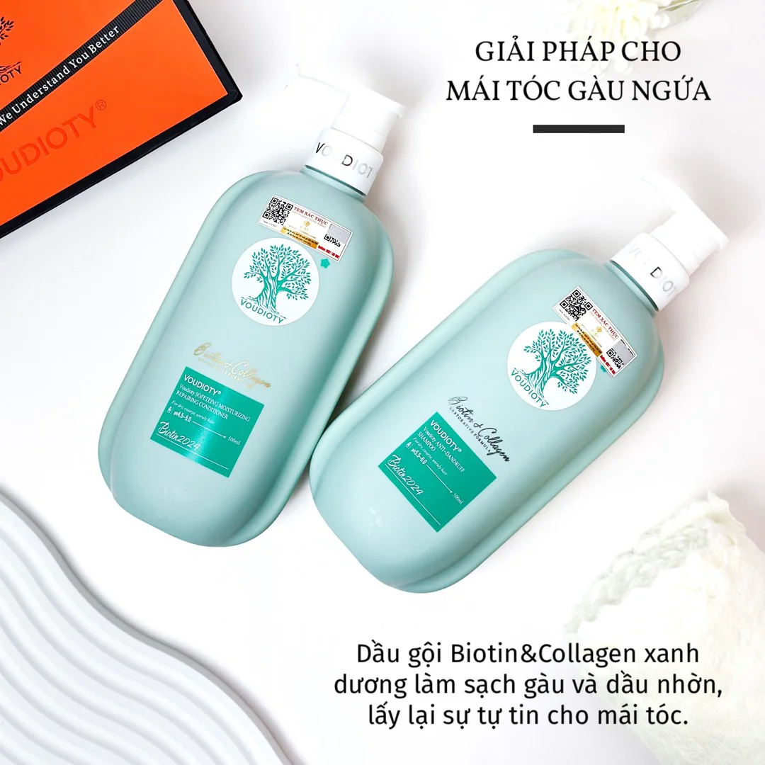 Comboo Dầu Gội Xả Biotin & Collagen Voudioty - Trị Gàu Xanh Dương 1000ml (mẫu 2024)