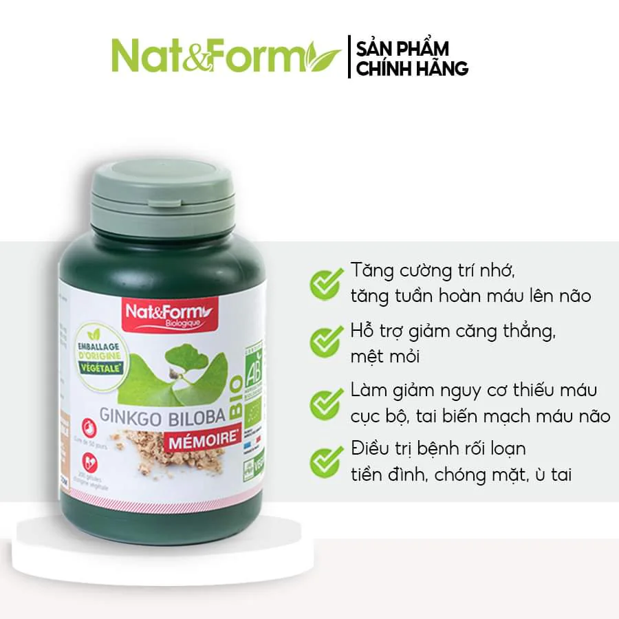 Bổ Não Nat&Form Ginkgo Biloba Memoire Giảm Căng Thẳng, Tăng Cường Trí Nhớ 200 Viên