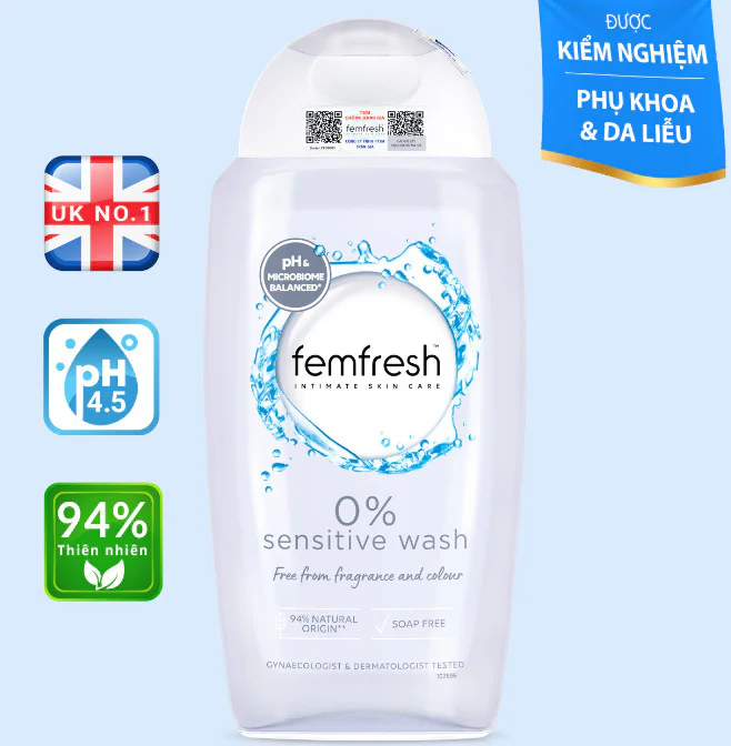 Dung dịch vệ sinh phụ nữ cao cấp cho da nhạy cảm Femfresh 0% Sensitive Wash 250ml