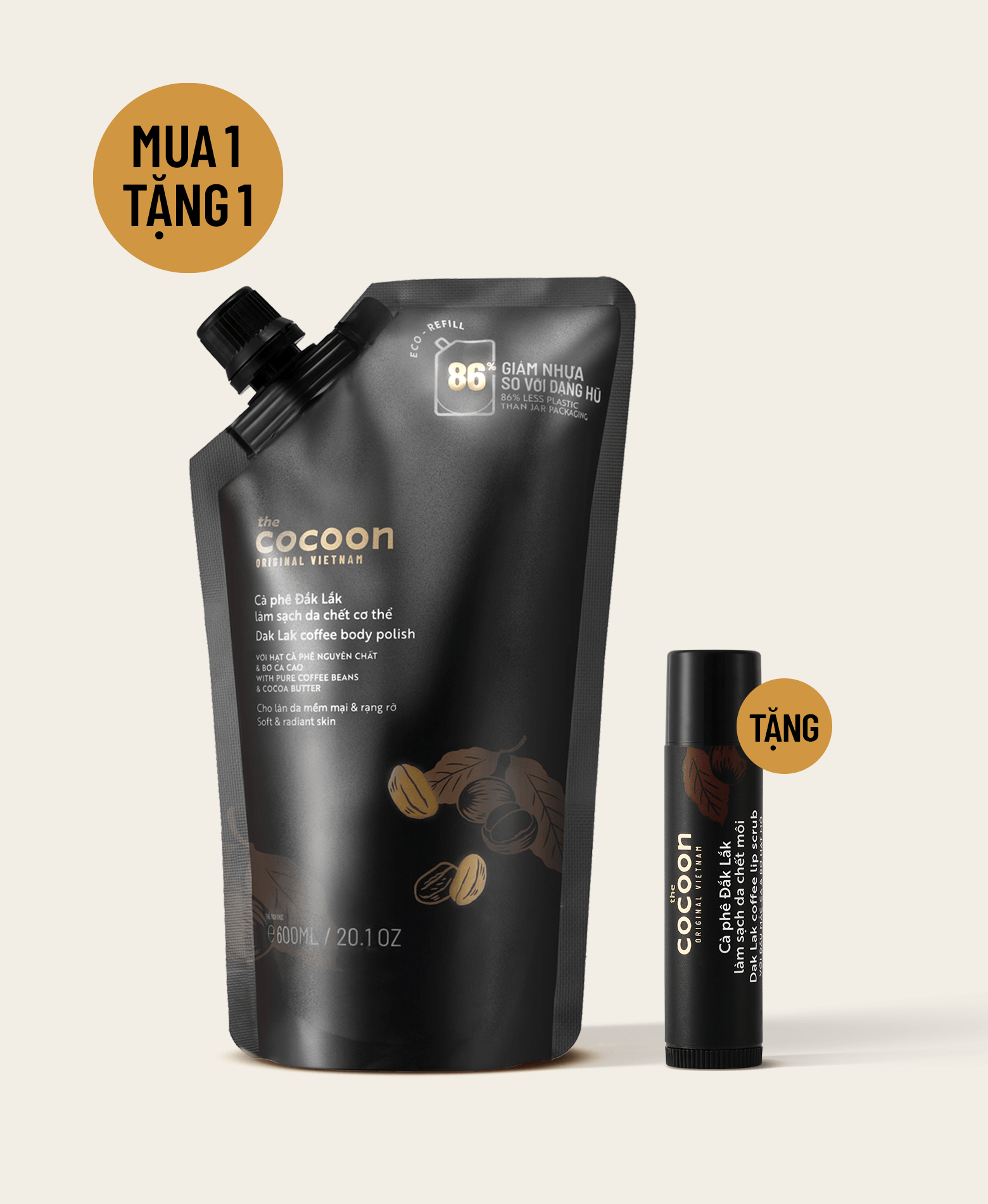 Cà phê Đắk Lắk làm sạch da chết cơ thể 600ml - Tặng tẩy da chết môi cà phê Đắk Lắk môi ẩm mềm 5g