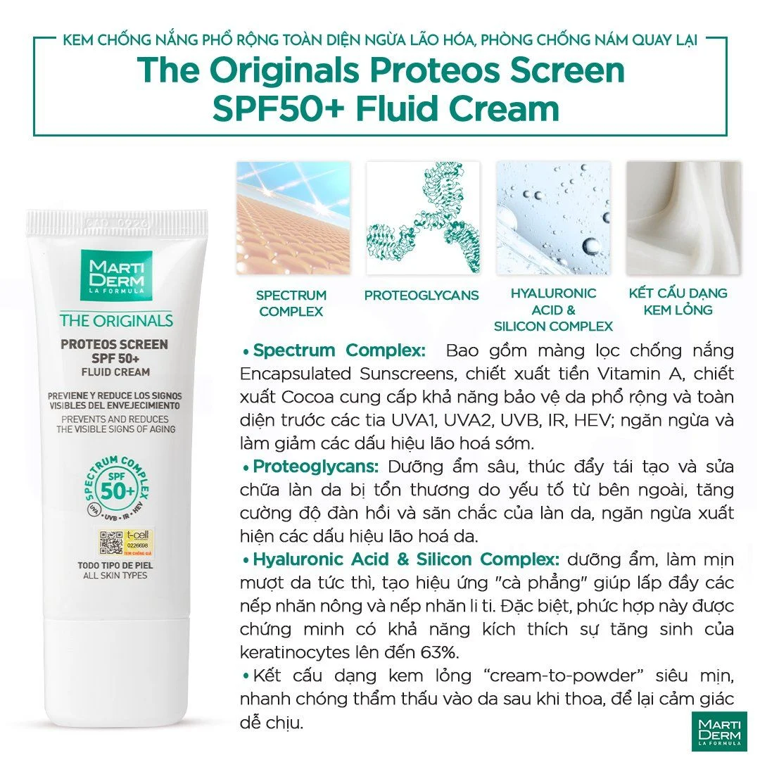 Kem Chống Nắng MartiDerm Phổ Rộng Bảo Vệ Toàn Diện 40ml (Bản không nâng tông)The Originals Proteos Screen SPF50+ Fluid Cream