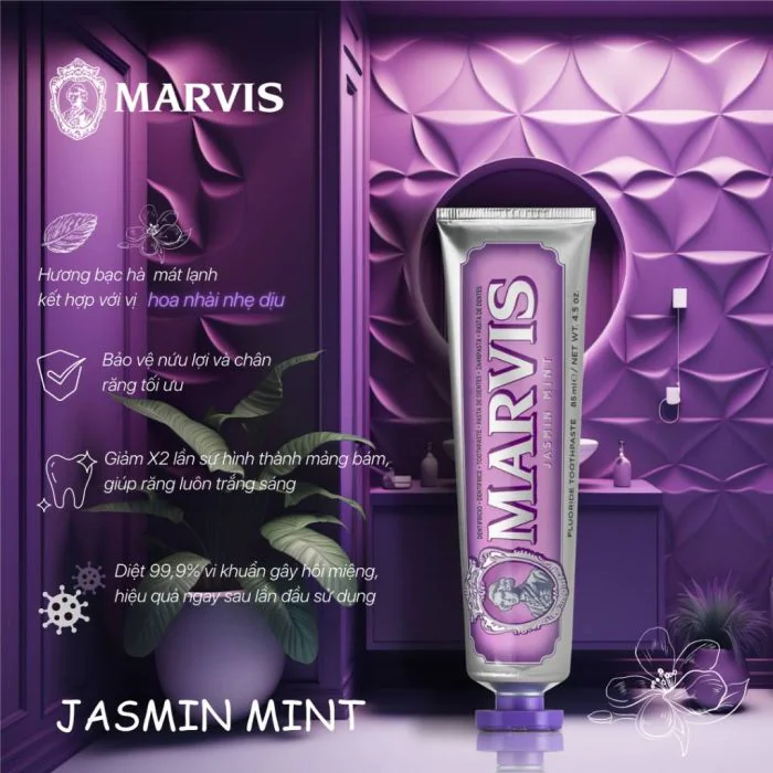 Kem Đánh Răng Marvis Classic Jasmin Mint Hương Hoa Nhài Kết Hợp Bạc Hà 85ml