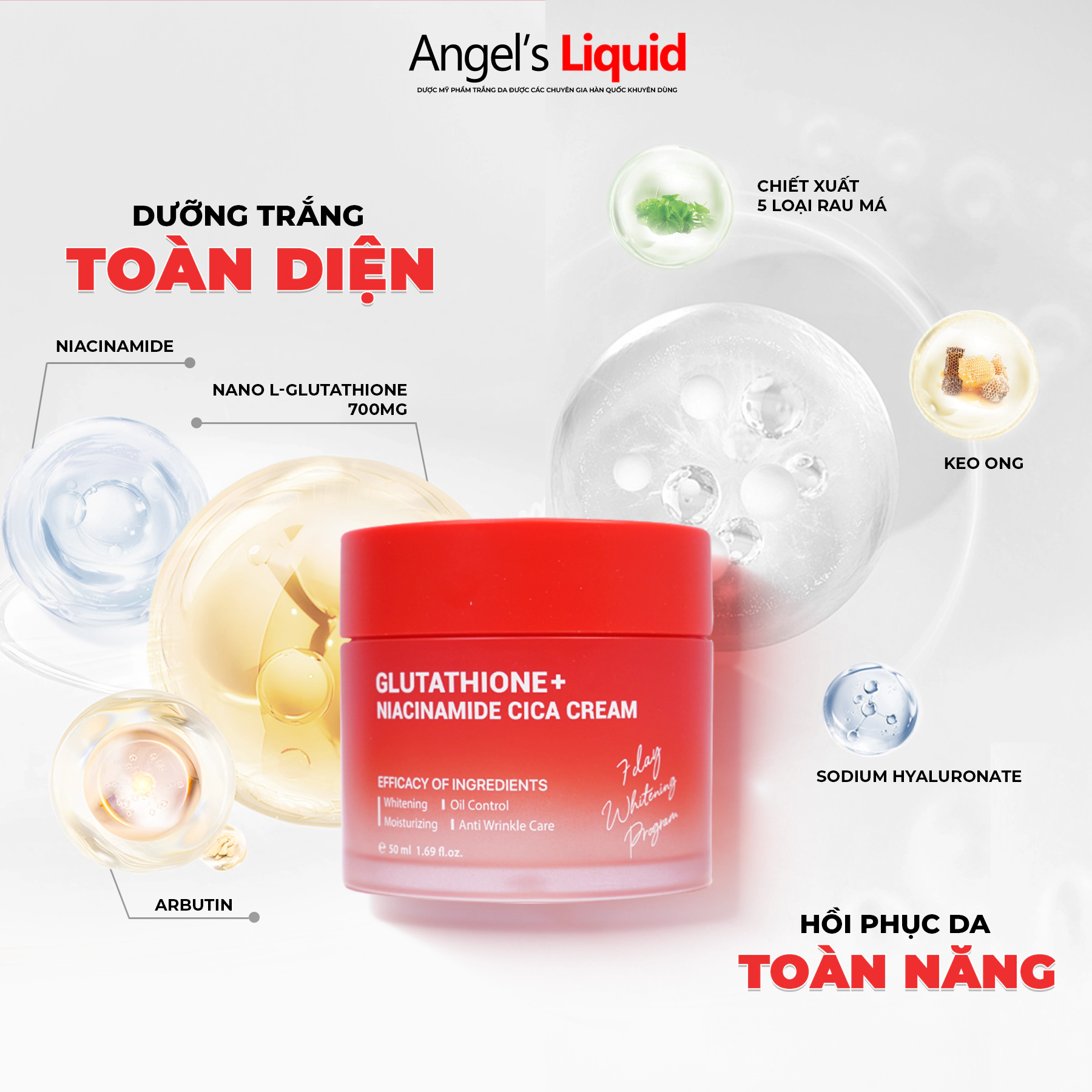 Kem dưỡng Angel's Liquid Glutathione Niacinamide Cica 50ml (Hàn Quốc)